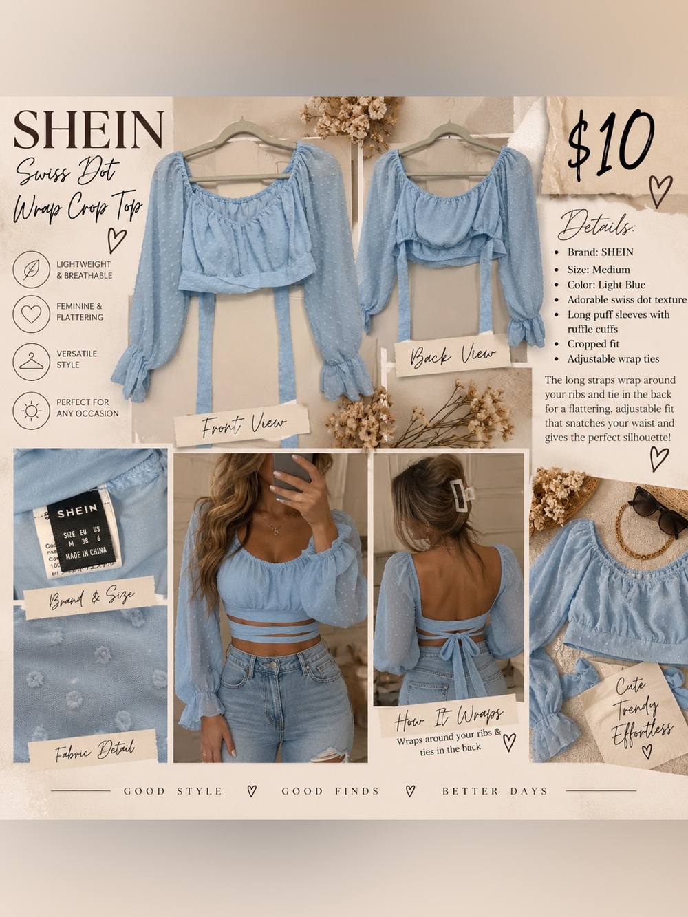 SHEIN Light Blue Puff Sleeve Tie-Back Crop Top